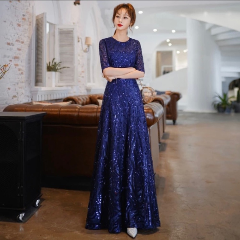New !! Navy Sequins Dress Elegant Party Prom Gown dress